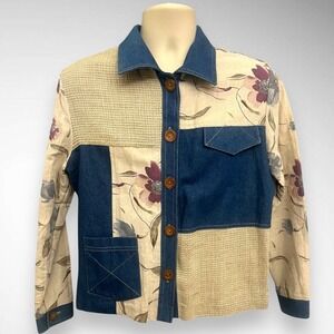 PETER POPOVITCH Vintage Mixed Media Floral Denim Linen Cotton Button Front Shirt
